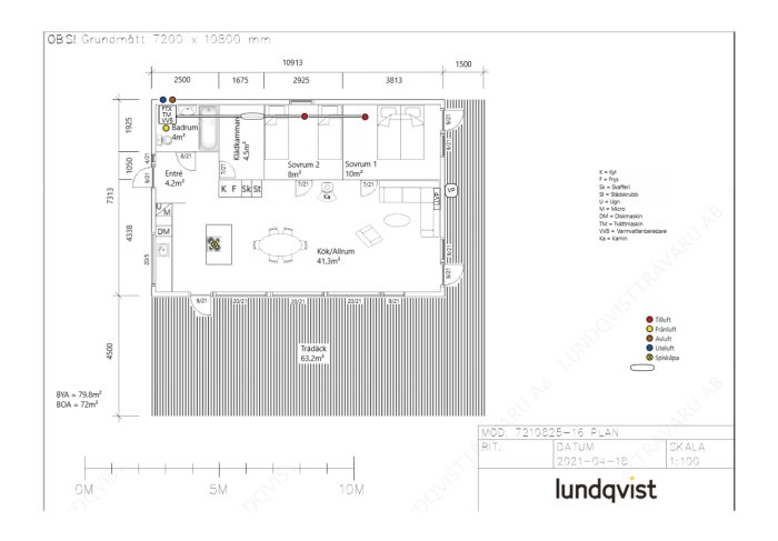 Ofärdig ventilationsritning för en bostad med markerade tillufts- och frånluftspositioner.