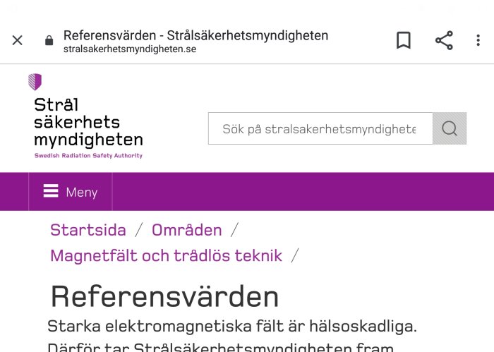 Skärmdump från Strålsäkerhetsmyndighetens webbsida om referensvärden för elektromagnetiska fält.