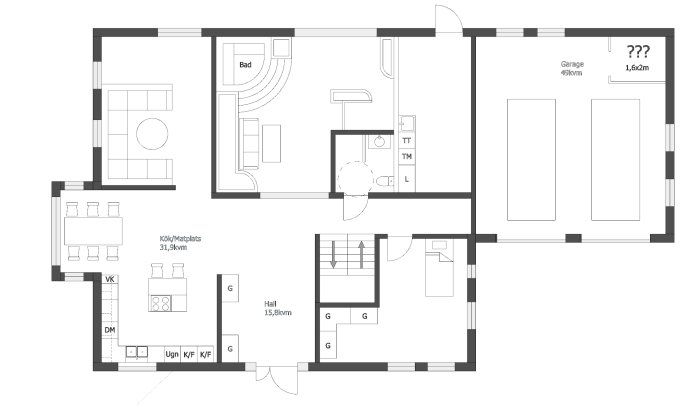 Ritning av en planlösning för en bostad med kök, badrum, sovrum, och garage markerat med frågetecken.
