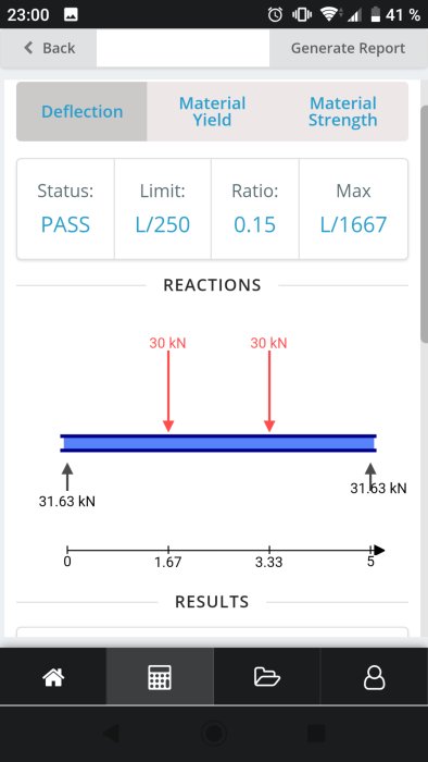 Skärmdump av balkberäkningsapp visande godkänd nedböjningsstatus och reaktionskrafter.
