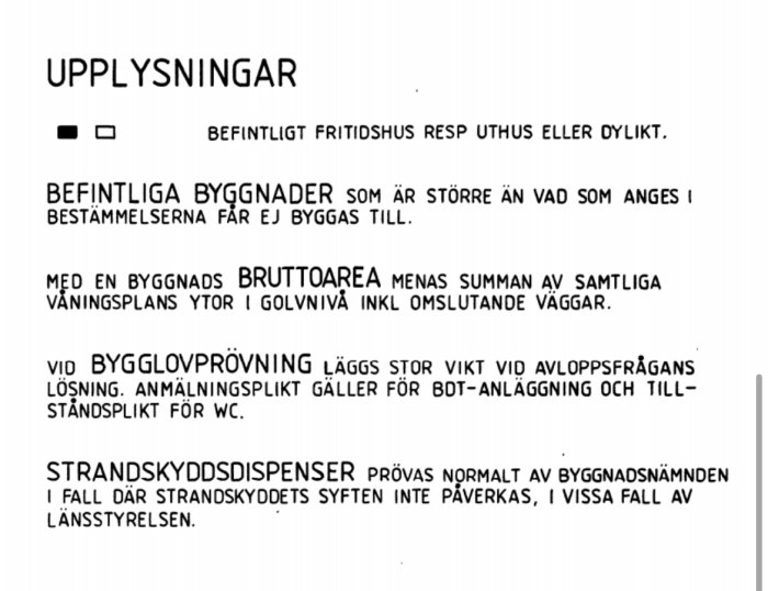 Dokument med text om byggregler: bruttoarea, byggnadsplan, avloppsfrågor och strandskyddsdispens.