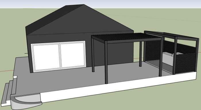 3D-ritning av altan med pergola och planerat utekök i anslutning till ett hus.