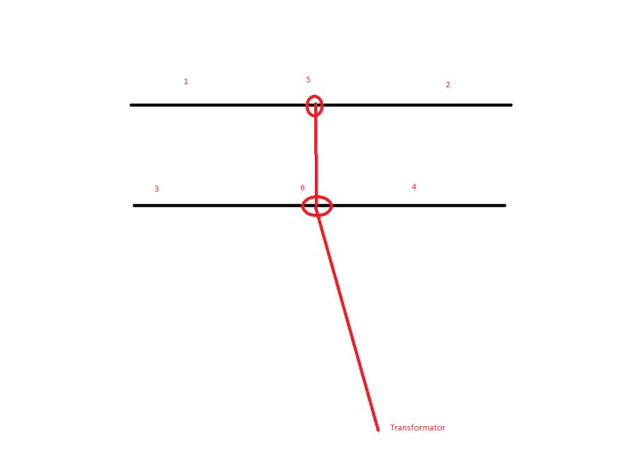 Schematisk bild av LED-remsors koppling, formar ett "H" med märkta punkter och transformator.