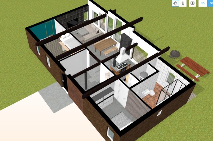 3D-modell av ett hus med öppna väggar som visar interiör layout, inklusive kök, vardagsrum, sovrum och badrum.