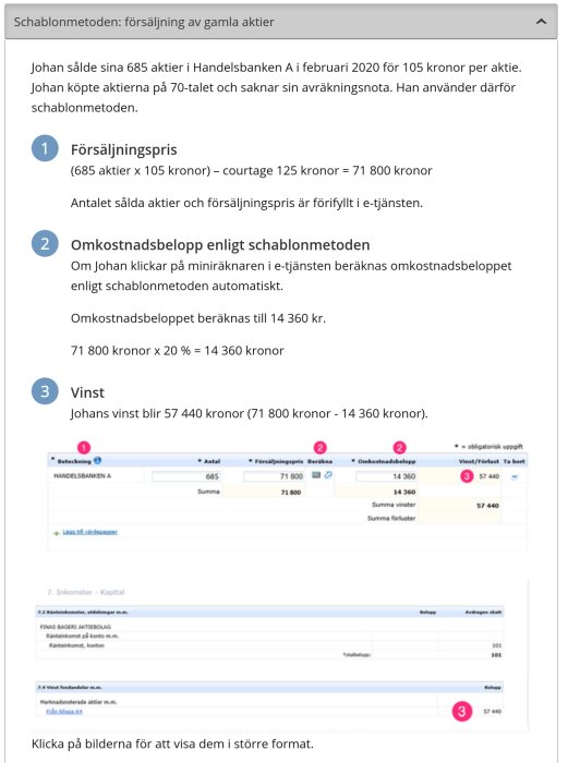 Skärmdump av Schablonmetoden för försäljning av aktier med beräkningssteg och exempel från Skatteverket.
