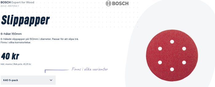 Rött slippapper från BOSCH med sex hål, 150mm, för att slipa trä, visas bredvid prisinformation.