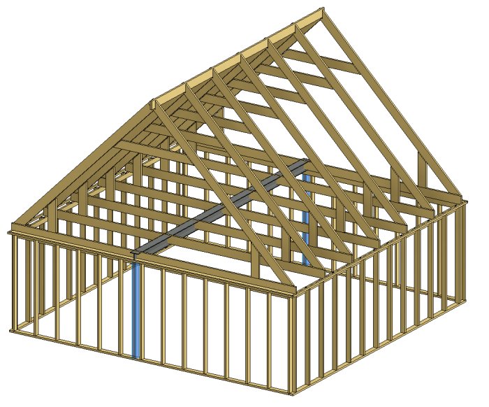 3D-modell av en trästomme för ett hus med tydlig framställning av takstolar och reglar.