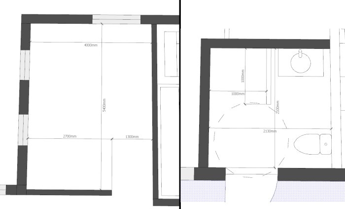 Arkitektritningar av köksö med mått och layout av badrum med utrustning och måttangivelser.