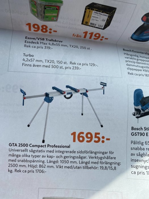 Annonssida som visar GTA 2500 Compact Professional sågställning med specifikationer och pris, samt andra byggprodukter.