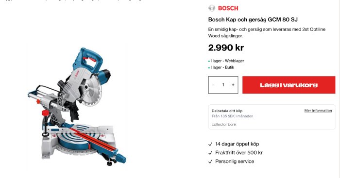 Bosch kap- och gersåg GCM 80 SJ med blå och silverfärgade delar och Optiline sågklinga.