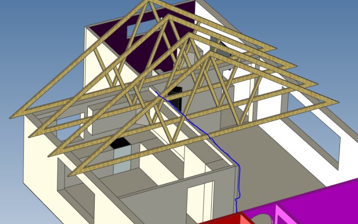 3D-modell av ett hus med öppet takstolskonstruktion och en blåmarkerad vägg som indikerar en möjlig bärande struktur.