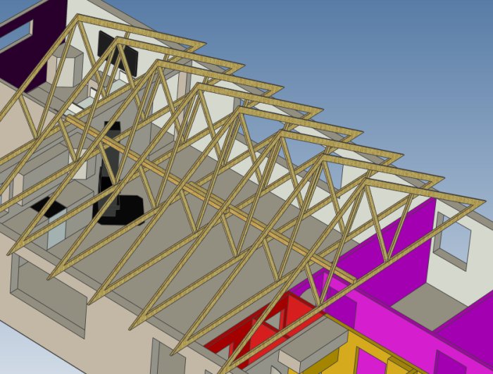 3D-modell av ett hus visar träkonstruktion för takstolarna och en blåmarkerad vägg som kan vara bärande.