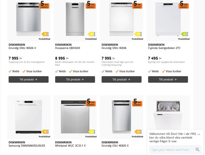 Skärmklipp av diskmaskiner från Elon med priser, energimärkningar och märken som Grundig och Husqvarna.