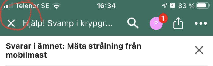 Skärmklipp av en mobiltelefonstatusfält med låg signalstyrka, Telenor SE-nätverk, klockan 16:34.