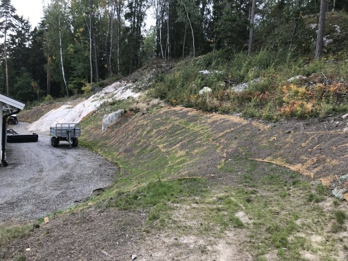 Lerslänt delvis täckt med kokosduk och släntgräs, grusväg och en släpvagn i förgrunden.