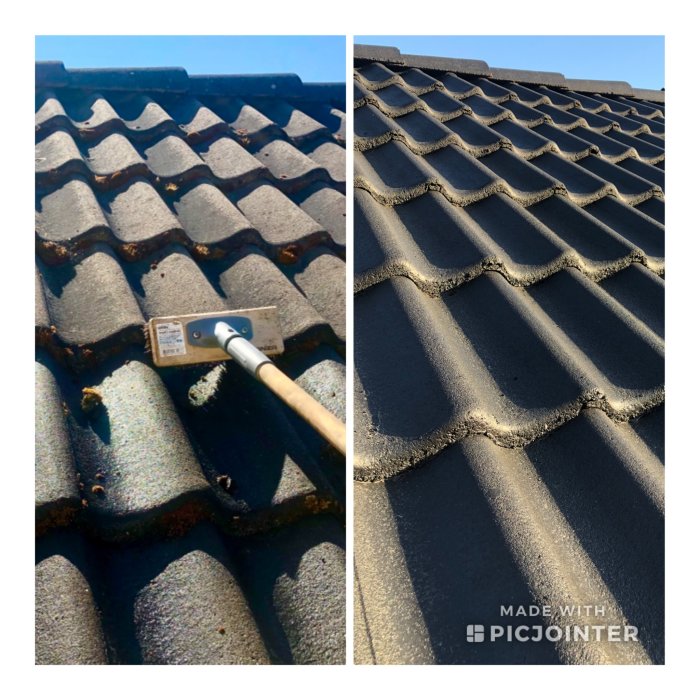 Två bilder sida vid sida, före och efter rengöring av takpannor, med synlig mossa och en skrapa i användning på vänster bild.