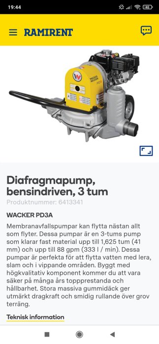 En bensindriven diafragmapump med märkningen WACKER PD3A, användbar för att pumpa vatten med lera och grus.