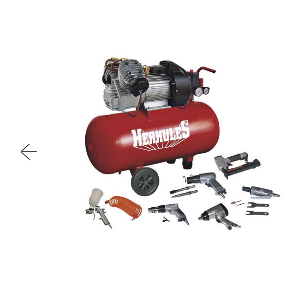 En röd Hercules kompressor med tillbehör men utan synligt luftfilter på sidan av cylindrarna.