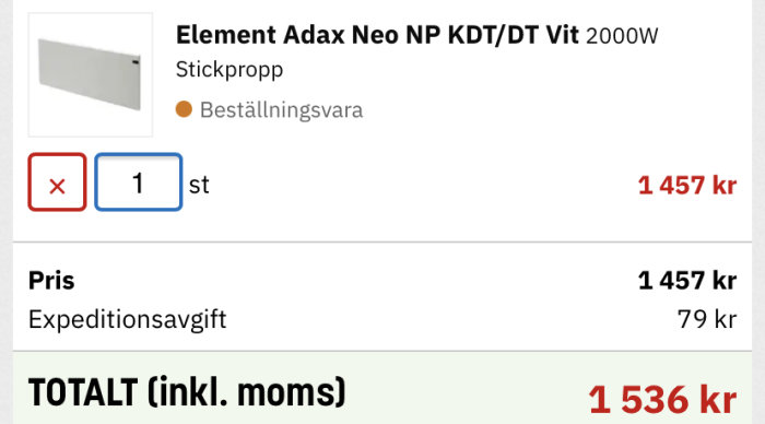 Skärmbild av Adax Neo NP KDT/DT Vit 2000W element online prissättning, 1457 kr exkl. expeditionsavgift.