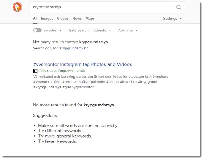 Skärmdump av en sökmotor med en enda träff för sökordet "krypgrundsmys".