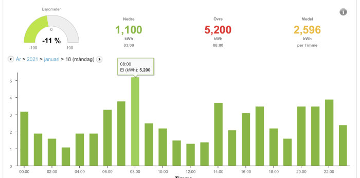 Stapeldiagram som visar timförbrukning av el i kWh för en dag i januari med toppvärde kl 08:00.