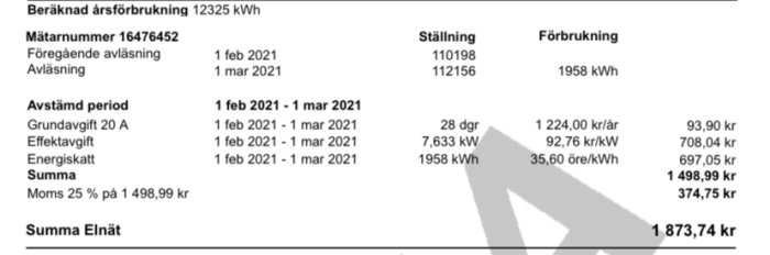 Elräkningsfaktura som visar förbrukning, ställning, och kostnader för elnät under en månad.