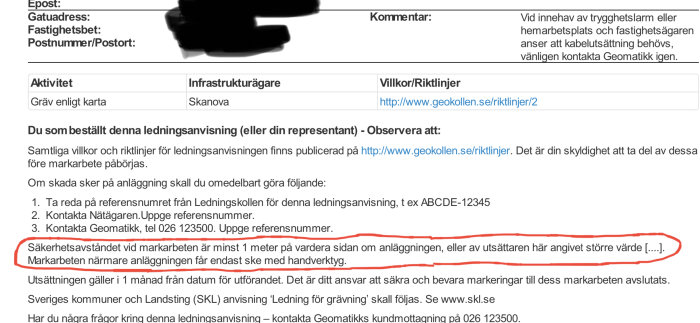 Dokument med riktlinjer för säkerhetsavstånd vid grävarbete nära ledningar.