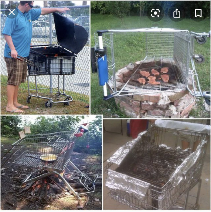 DIY grillar gjorda av omvandlade shoppingvagnar, en med öppet lock och kött som grillas, en över öppen eld och en klädd i folie.