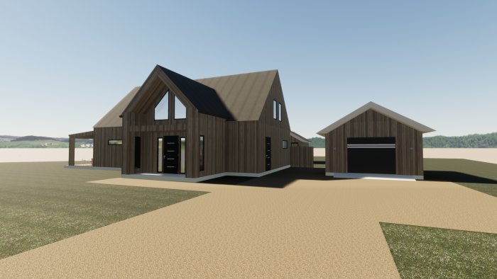 3D-rendering av utbyggnadsförslag för ett fritidshus med tillhörande garage, visar fasad och entré.