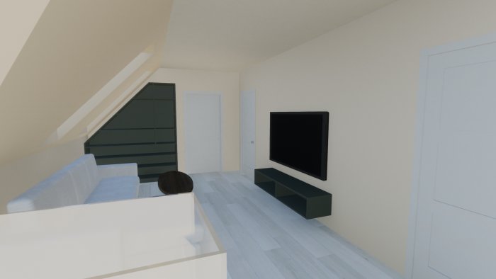 3D-rendering av ett vardagsrum med snedtak, trappa, TV och soffmöblering.