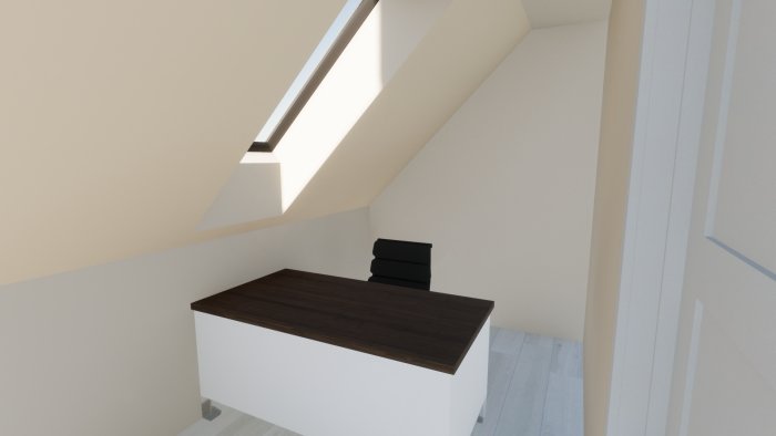 3D-rendering av ett arbetsrum med skrivbord, stol och fönstret under snedtaket.