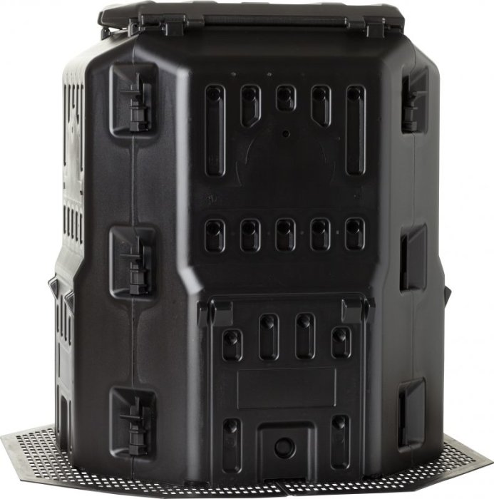 Svart komposteringsbehållare med gallernät i botten och inbyggda luftkanaler på sidorna för ventilation.