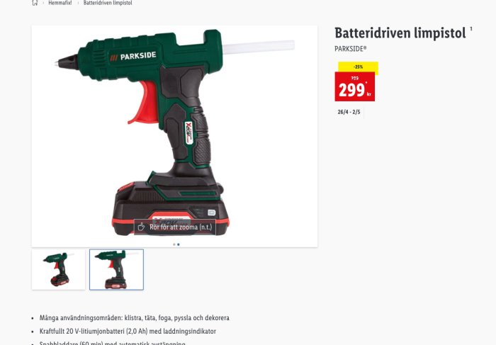 Batteridriven limpistol av märket PARKSIDE med rött och svart handtag, prissatt till 299 kr på Lidl.