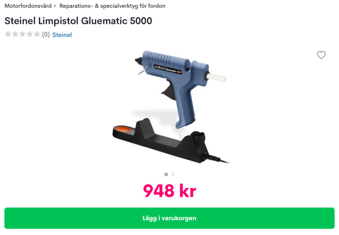 Blå Steinel limstol Gluematic 5000 med limstavar och svart ställ uppvisas med priset 948 kr.