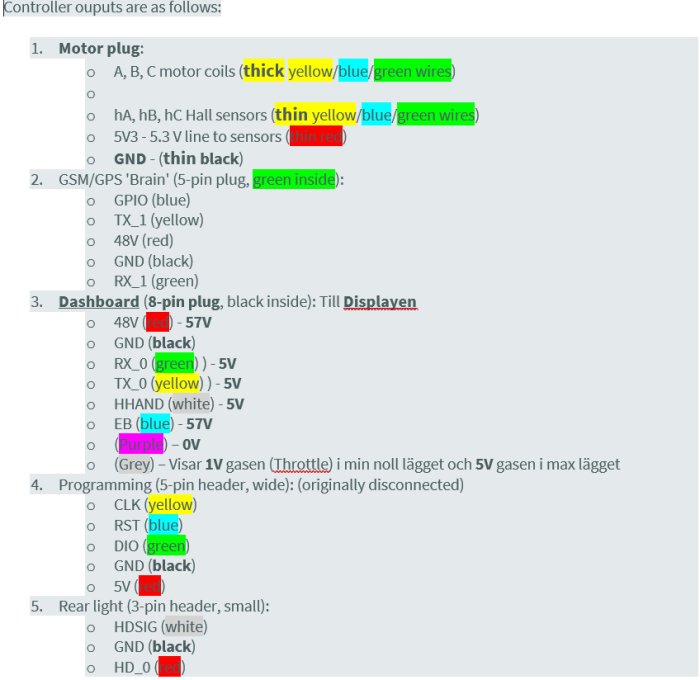 Schematisk lista över kontroller för elskoter med färgmarkerade kabelfunktioner och spänningar