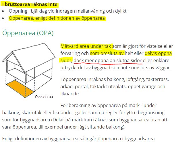 Illustration som visar definitionen av öppen area (OPA) i byggyta, med exempel på en struktur med tak och öppna sidor.