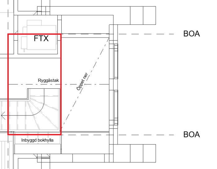 Arkitektonisk ritning som markerar BTA-område i rött på övre våningen i ett hus.