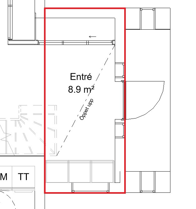 Arkitektonisk planritning av en entré som markerats med röd rektangel och storleken 8.9 m² angiven.