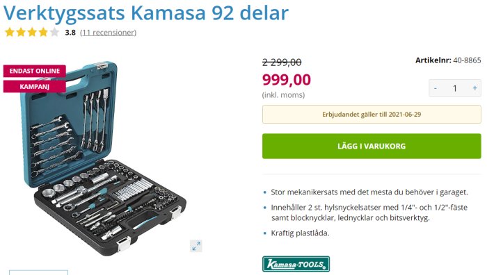 Verktygssats från Kamasa Tools med 92 delar i öppen blå förvaringsväska.