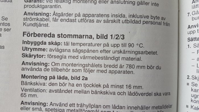 Sida ur manual för installation av spishäll med text om förberedande åtgärder och försegling av skärytor.