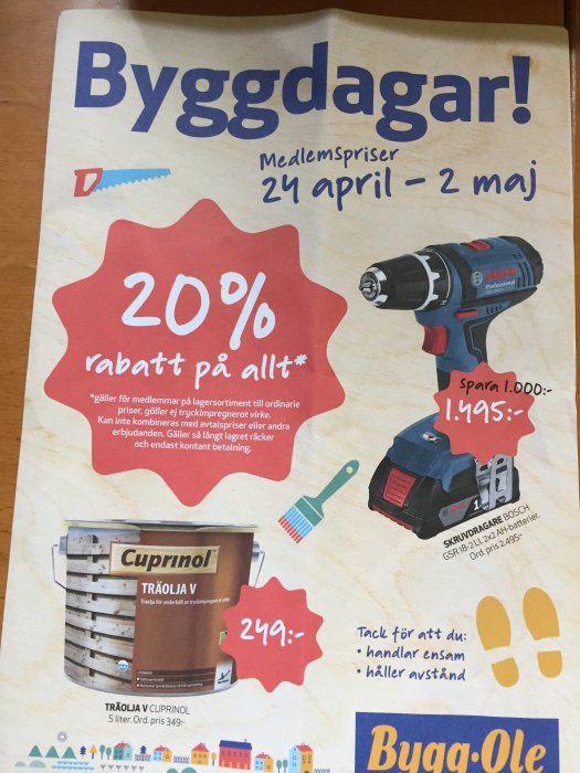 Reklamblad för Byggdagarna med erbjudande på Bosch skruvdragare och Cuprinol träolja.