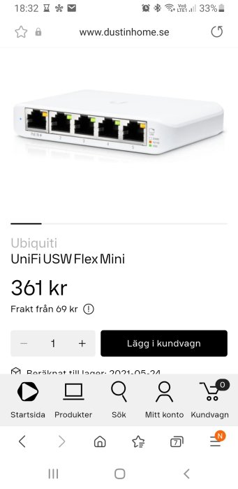 Ubiquiti Unifi USW Flex Mini nätverksswitch visas på en webbshopssida.