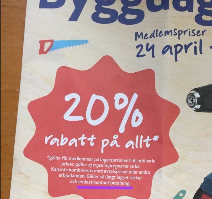 Reklamblad som visar 20% rabatt på byggvaror med begränsningar specificerade i finstilt text.