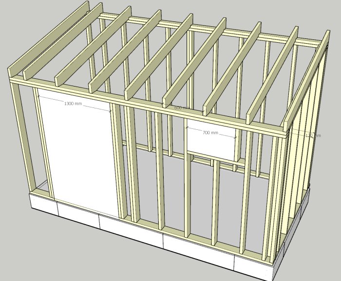 3D-skiss av stommen till en utbyggnad med måttmarkeringar, dubbla hammarband och takbalkar.