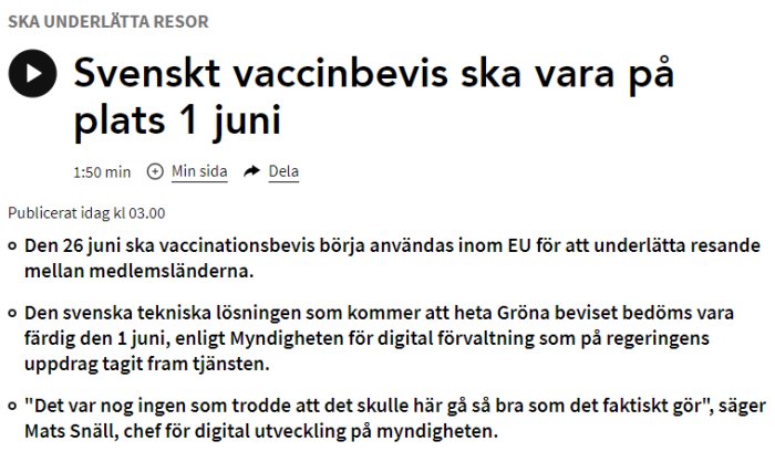 Skärmdump av nyhetsartikel om svenskt vaccinbevis som ska underlätta resor från 1 juni.