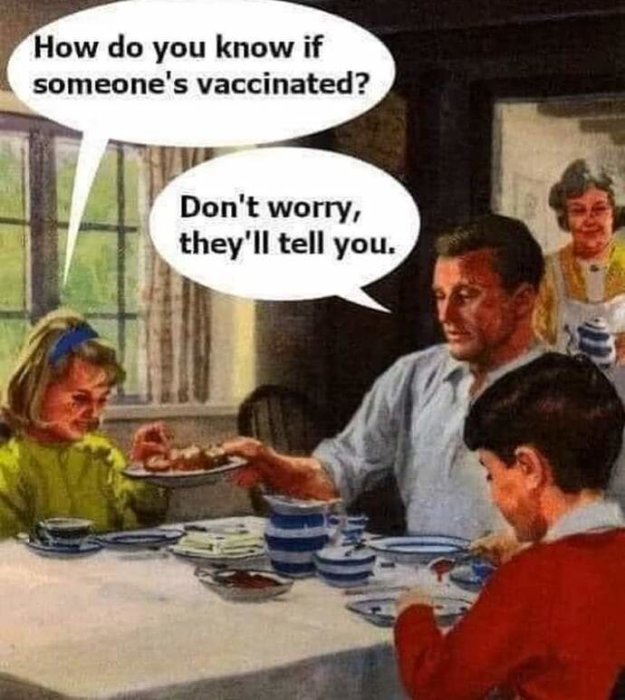 Illustration av en familjemiddag där en vuxen frågar hur man vet att någon är vaccinerad, en annan replikerar att de själva kommer att berätta.