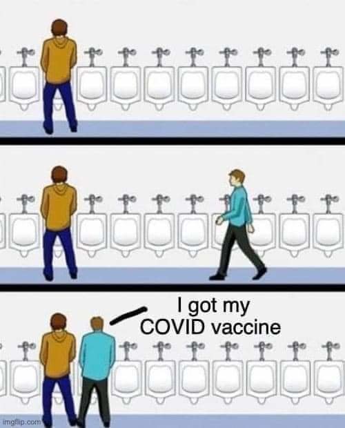 Illustration av två män vid urinaler, en säger "I got my COVID vaccine" och pekar på sig själv.