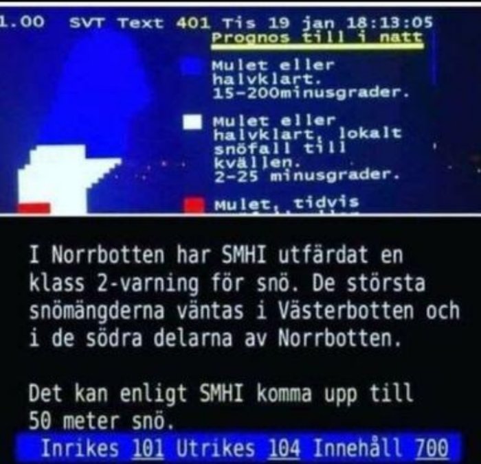 Skärmdump från SVT text-TV visar väderprognos med snövarning och stora snömängder i Norrland.