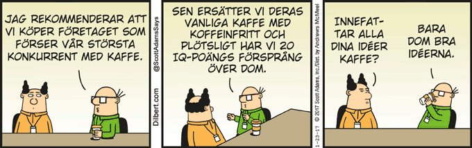 Serie med tre rutor där två personer diskuterar att köpa ett företag och byta ut deras kaffe mot koffeinfritt för fördel.