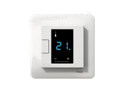 Digital termostat med LCD-display visar 21 grader Celsius, omgivet av en vit ram.